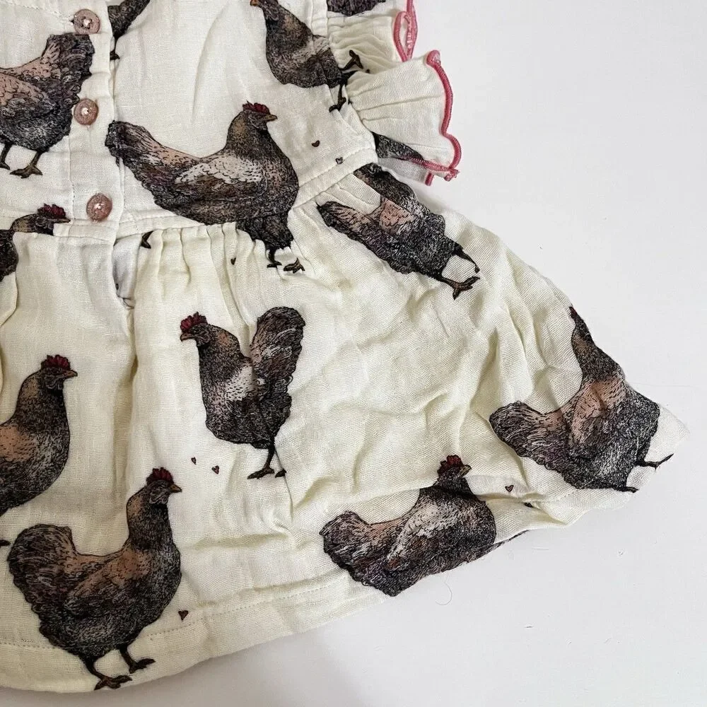 Pink Chicken Dress and Bloomers Set Chickens Print Gauze Girls Size 12-18 Months
